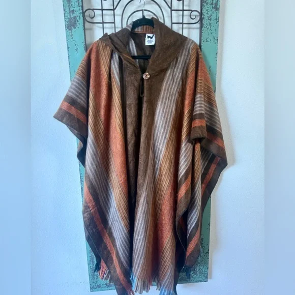 Alpaca Blend Hooded Poncho Ecuador Brown Stripe Fringe Boho Ruana OS - Picture 5 of 7